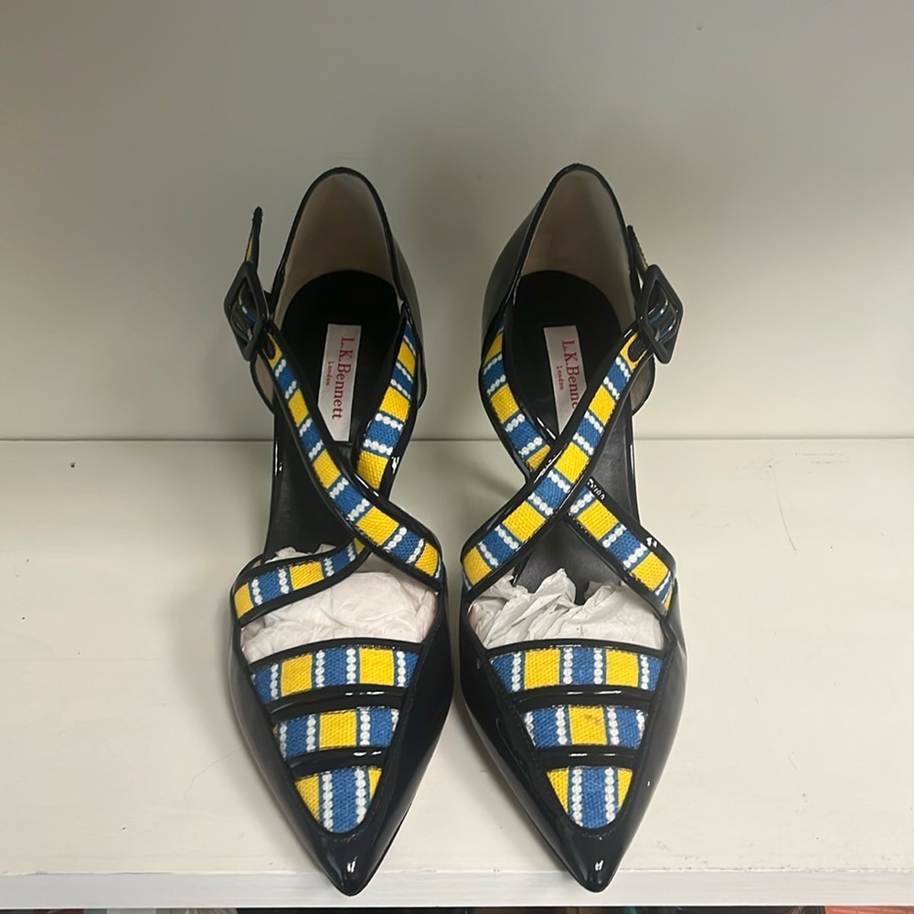 L.K. Bennett Stylish Women's Strappy Heels - Navy Blue, Yellow and White Size 39